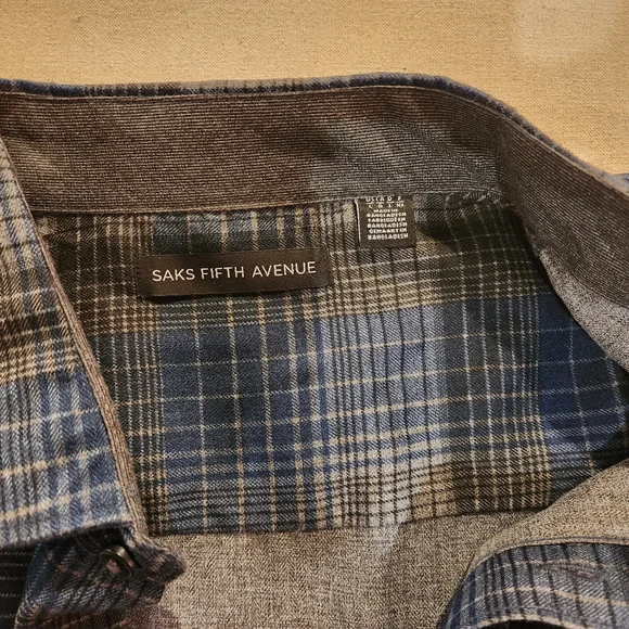 Saks Fifth Avenue men's plaid Shirt Sz L button down dress 5th Blue Gray - Picture 2 of 5